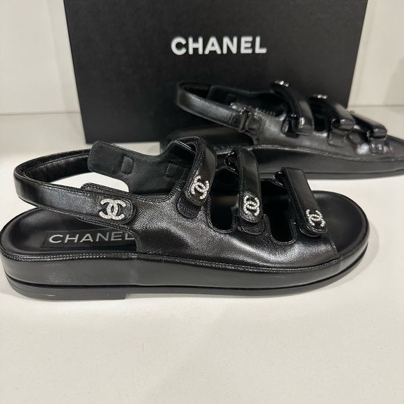 NEW Chanel Black Leather Slingback Dad Sandals with Silver Crystal Accents 37.5 - Picture 5 of 10